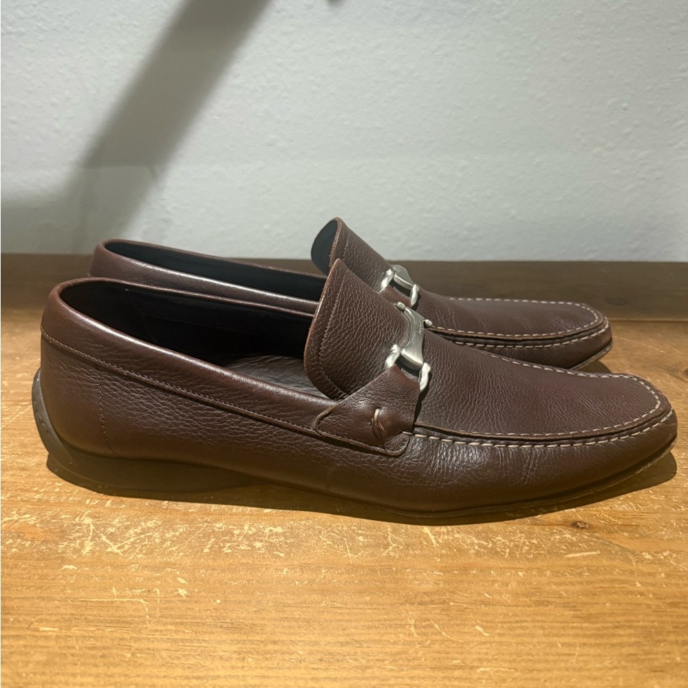 Salvatore Ferragamo Chocolate Leather Slip-Ons with Silver Accent - Picture 3 of 11